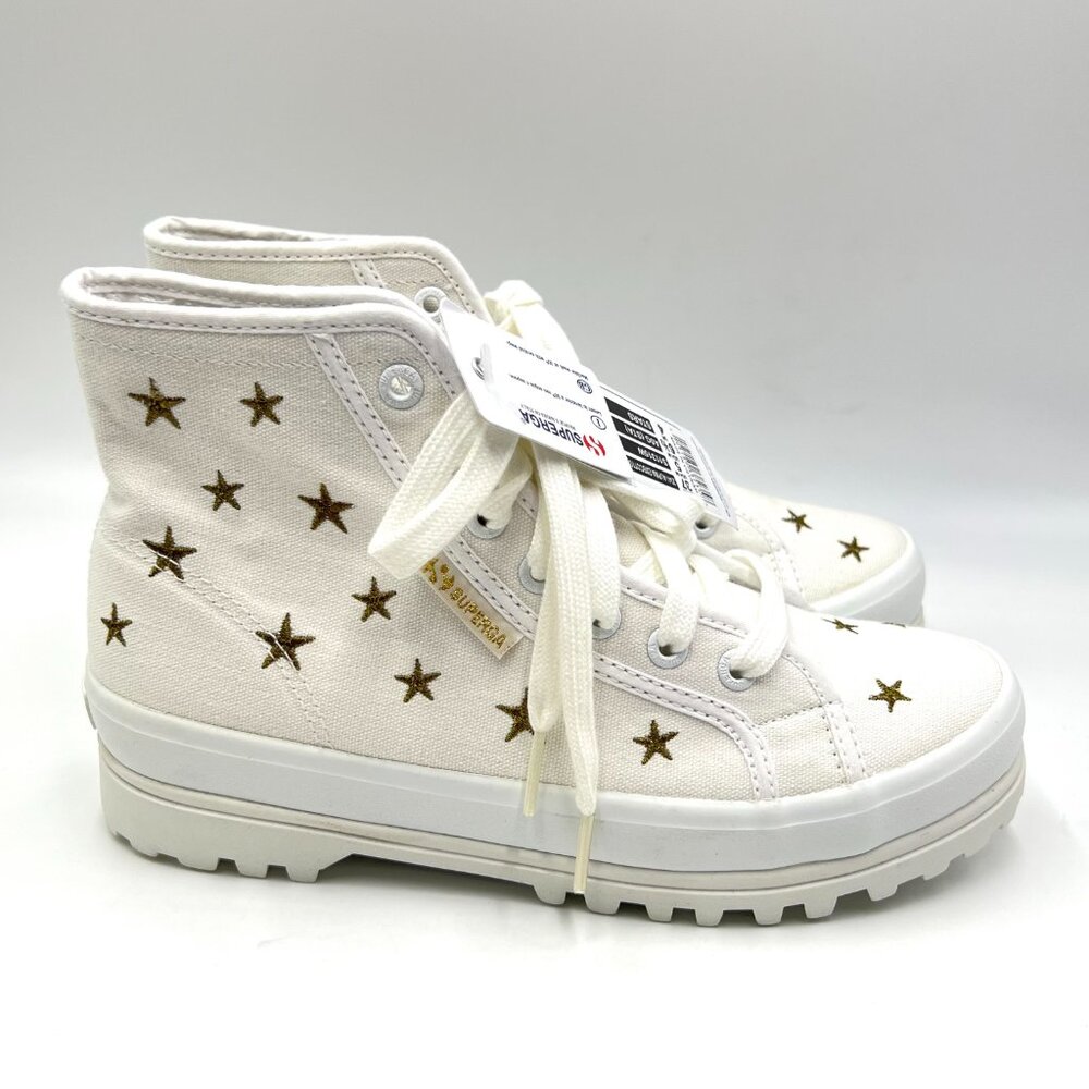 Superga Womens Size 6.5 Gold Star‎ Embroidered White High Top Sneakers Shoes